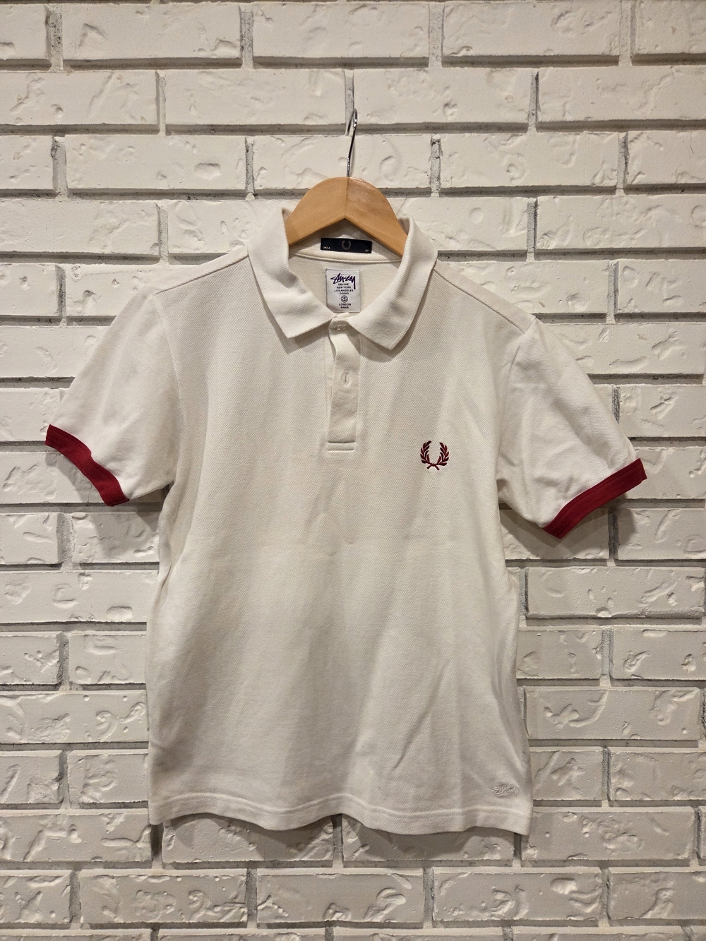 Fred Perry X Stussy White Polo with Red Sleeve Trim and Laurel Logo